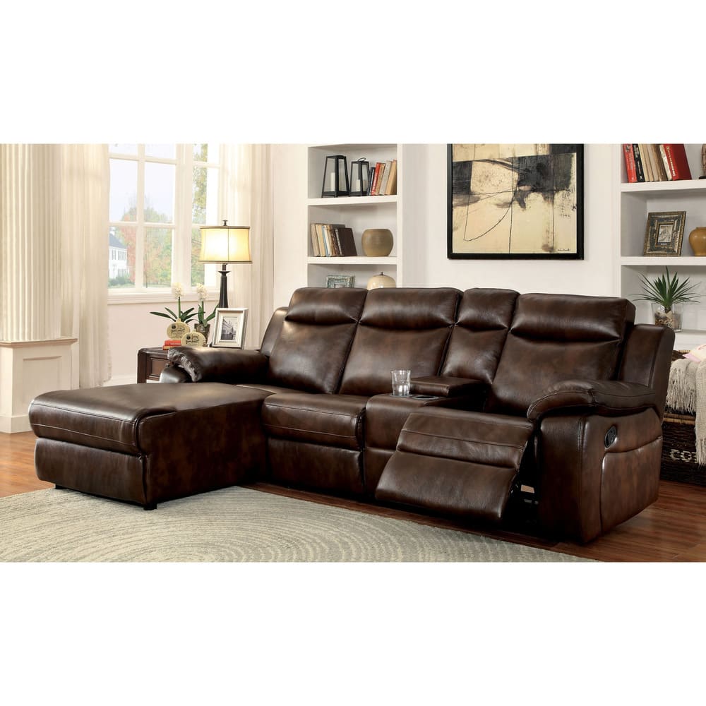 Transitional Faux Leather Tufted Headrests Storage Reclining Sectional with Chaise by Furniture of America
