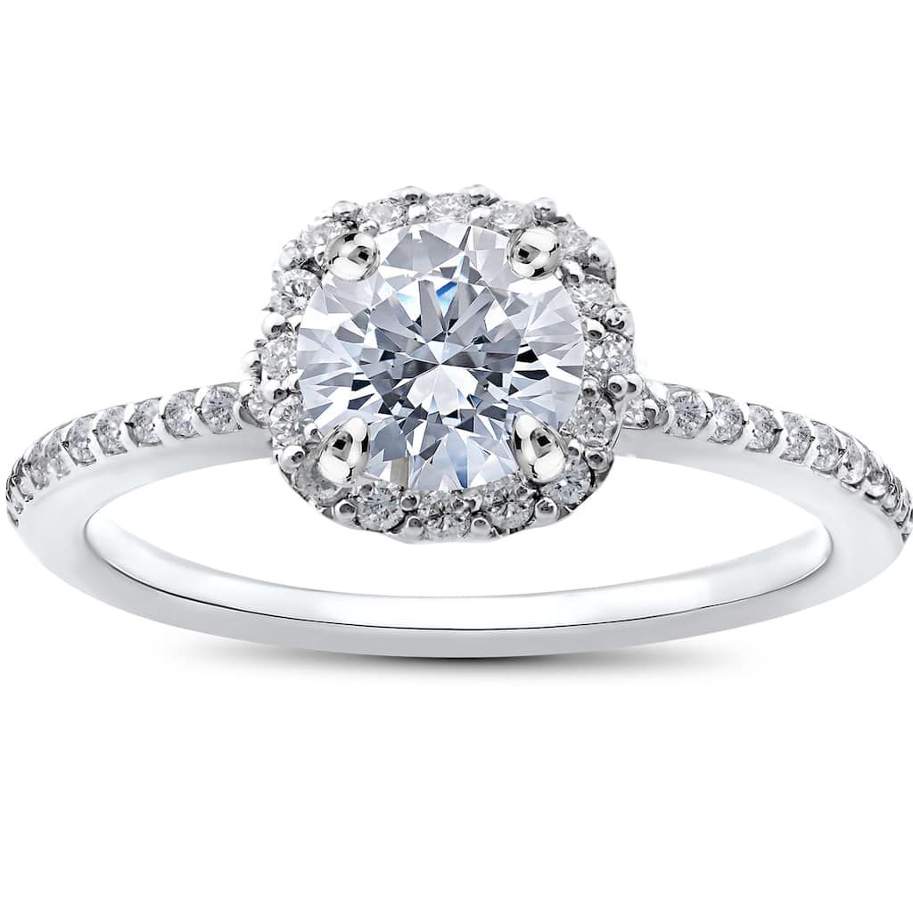 14k White Gold 1ct TDW Round Diamond Engagement Ring Cushion Halo