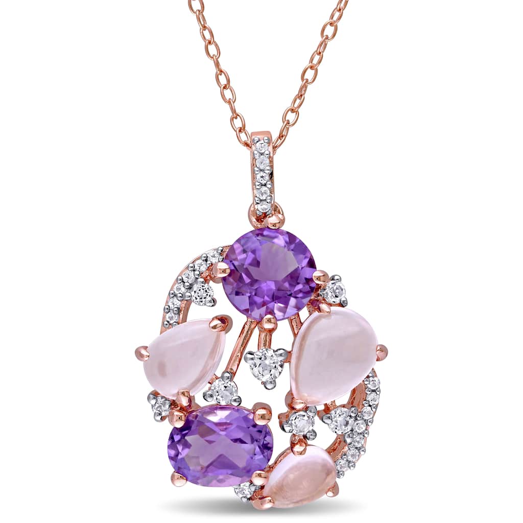 Miadora Rose Plated Sterling Silver Amethyst Rose Quartz and White Topaz Openwork Necklace - Pink