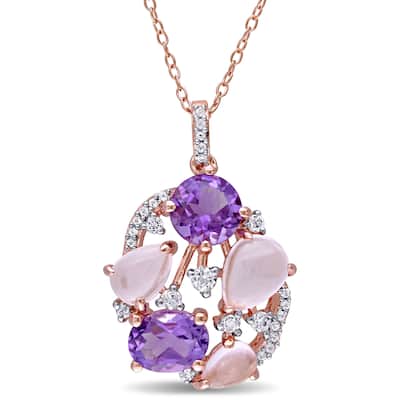 Miadora Rose Plated Sterling Silver Amethyst Rose Quartz and White Topaz Openwork Necklace - Pink