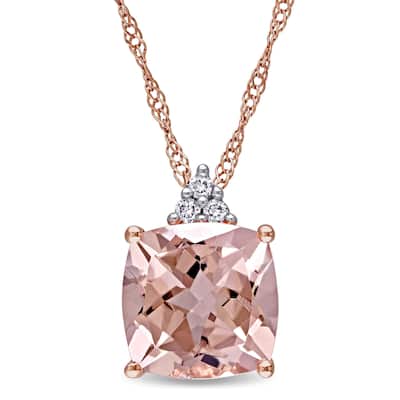Miadora 14k Rose Gold Cushion-Cut Morganite and Diamond Accent Drop Necklace (G-H, I1-I2) - Pink