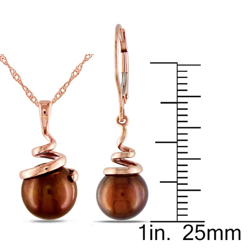 Miadora 14k Rose Gold Brown Freshwater Cultured Pearl Spiral Drop Necklace and Leverback Earrings 2-Piece Set (8-8.5mm)