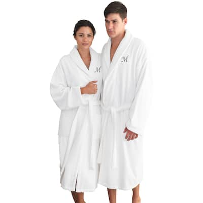 Authentic Hotel and Spa White with Grey Monogrammed Herringbone Weave Turkish Cotton Unisex Bath Robe