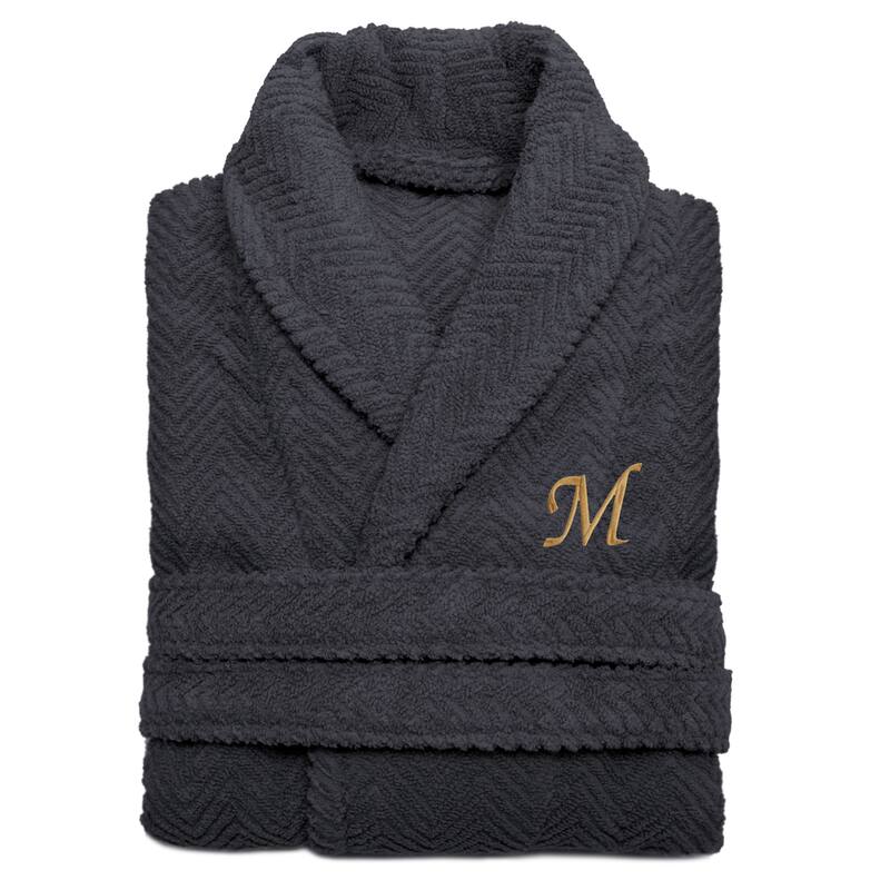 Authentic Hotel and Spa Charcoal Grey with Gold Monogrammed Herringbone Weave Turkish Cotton Unisex Bath Robe