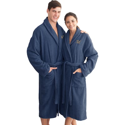 Authentic Hotel and Spa Midnight Blue with Gold Monogrammed Herringbone Weave Turkish Cotton Unisex Bath Robe