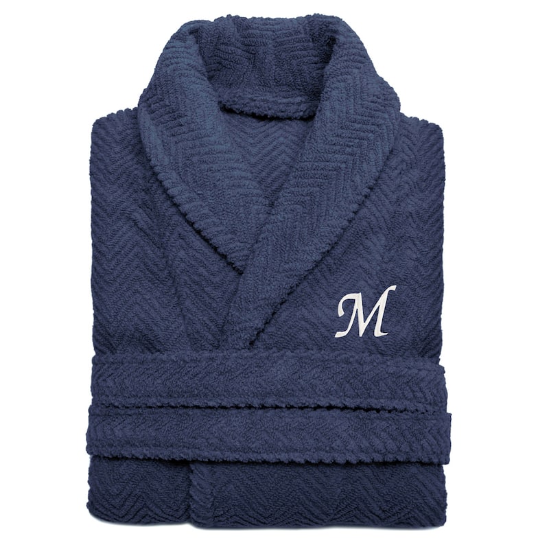 Authentic Hotel and Spa Midnight Blue with White Monogrammed Herringbone Weave Turkish Cotton Unisex Bath Robe