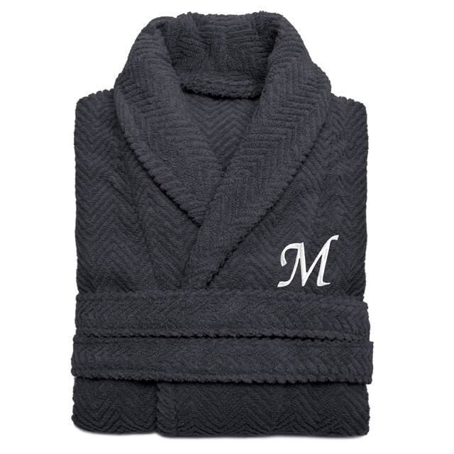 Authentic Hotel and Spa Charcoal Grey with White Monogrammed Herringbone Weave Turkish Cotton Unisex Bath Robe