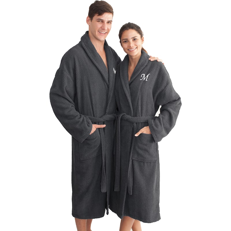 Authentic Hotel and Spa Charcoal Grey with White Monogrammed Herringbone Weave Turkish Cotton Unisex Bath Robe - S/M - M