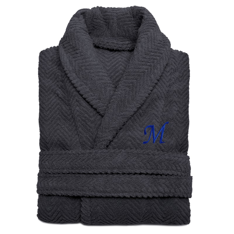 Authentic Hotel and Spa Charcoal Grey with Blue Monogrammed Herringbone Weave Turkish Cotton Unisex Bath Robe