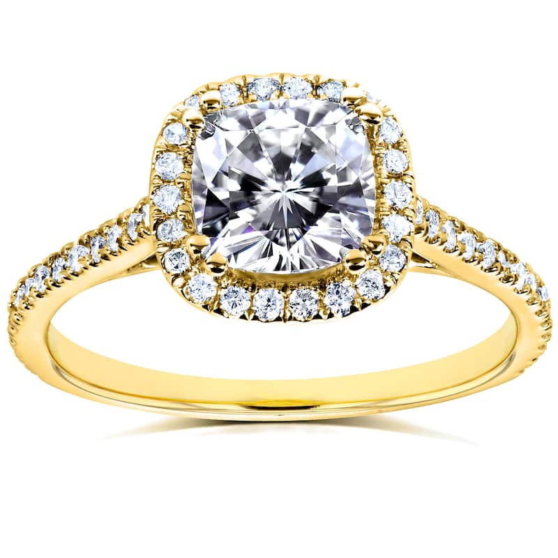Annello by Kobelli 14k Yellow Gold 1 1/3ct TGW Cushion Moissanite and Diamond Halo Engagement Ring (HI/VS, GH/I)