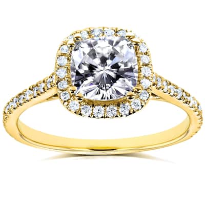Annello by Kobelli 14k Yellow Gold 1 1/3ct TGW Cushion Moissanite and Diamond Halo Engagement Ring (HI/VS, GH/I)