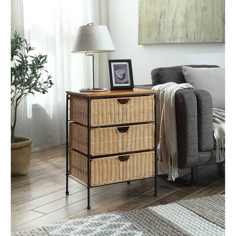 Tan Black Brown Wicker Metal Wood 3 Drawer Chest By Great Reviews