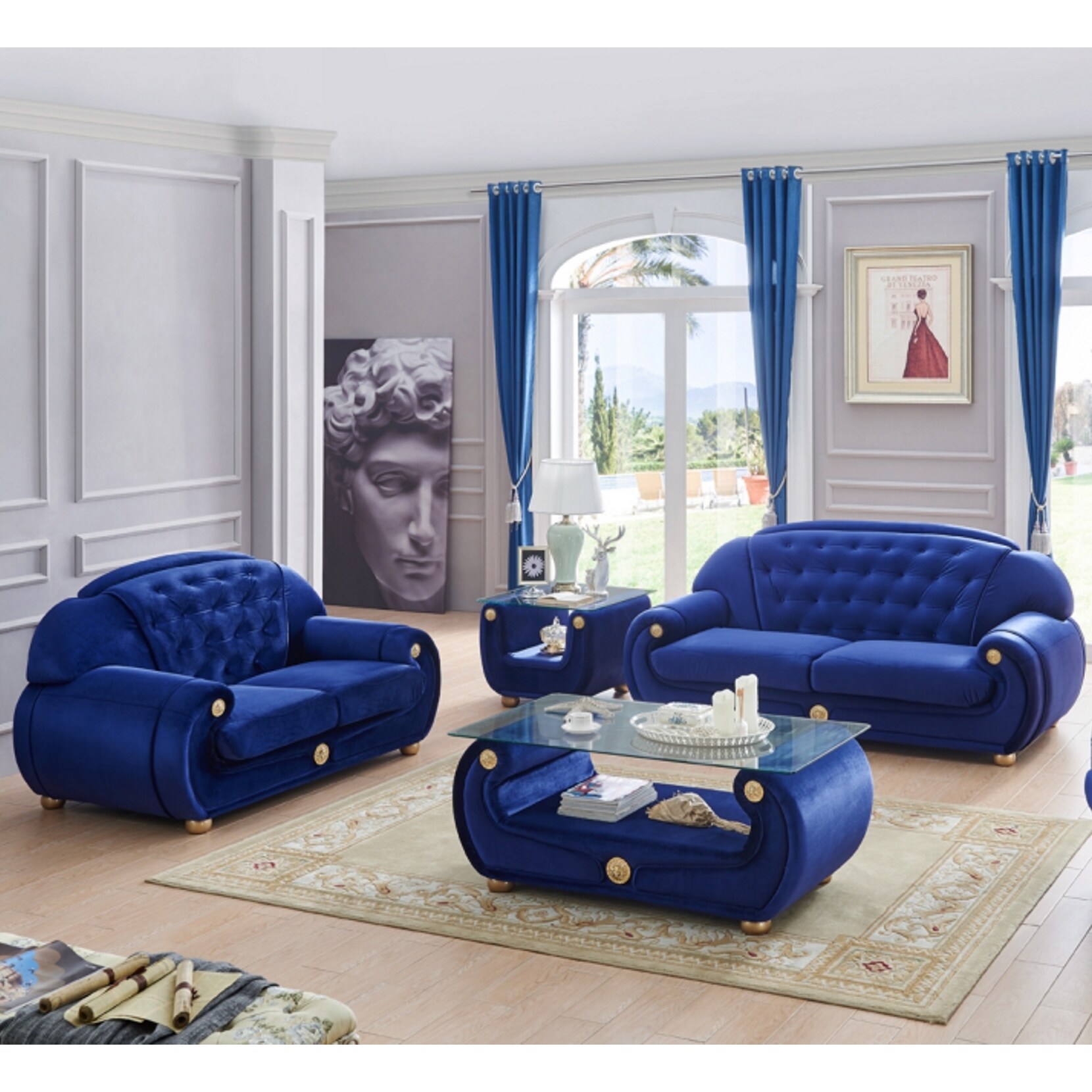 Shop Luca Home Blue Fabric 2 Piece Living Room Collection Overstock 12514517