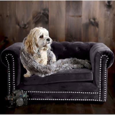 Husky Grey Velvet Tufted Couch Pet Bed with Nailhead Trim