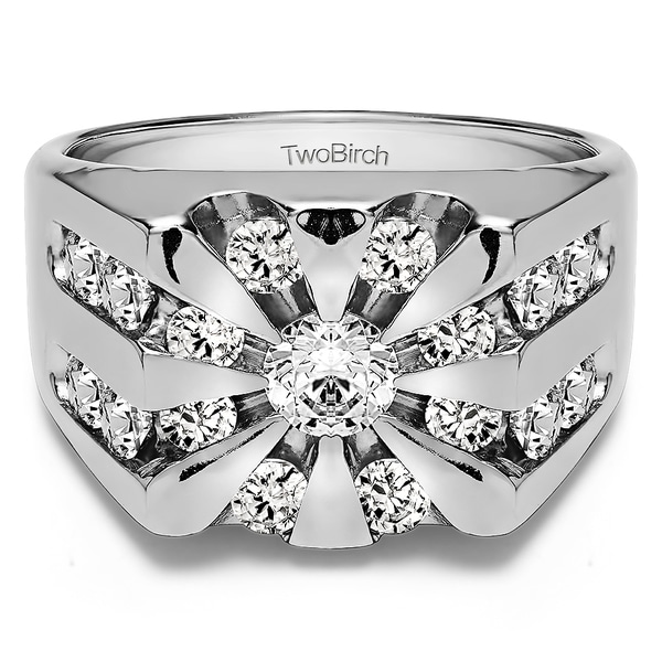 TwoBirch Sterling Silver Men's 1/2ct TGW White Sapphire Round Channel Set Sunburst Ring