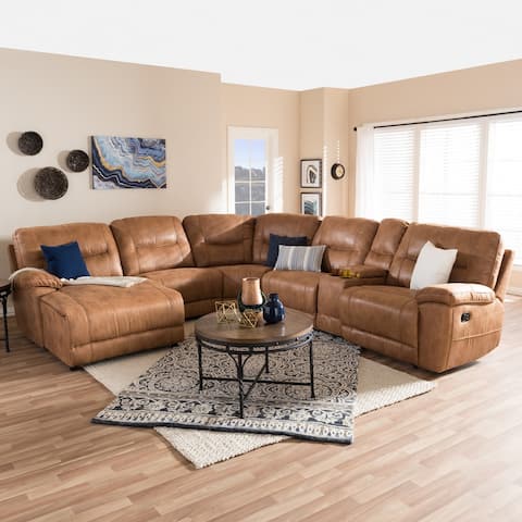 Baxton Studio Eukleides Modern and Contemporary Light Brown Palomino Suede 6-Piece Sectional with Recliners Corner Lounge Suite