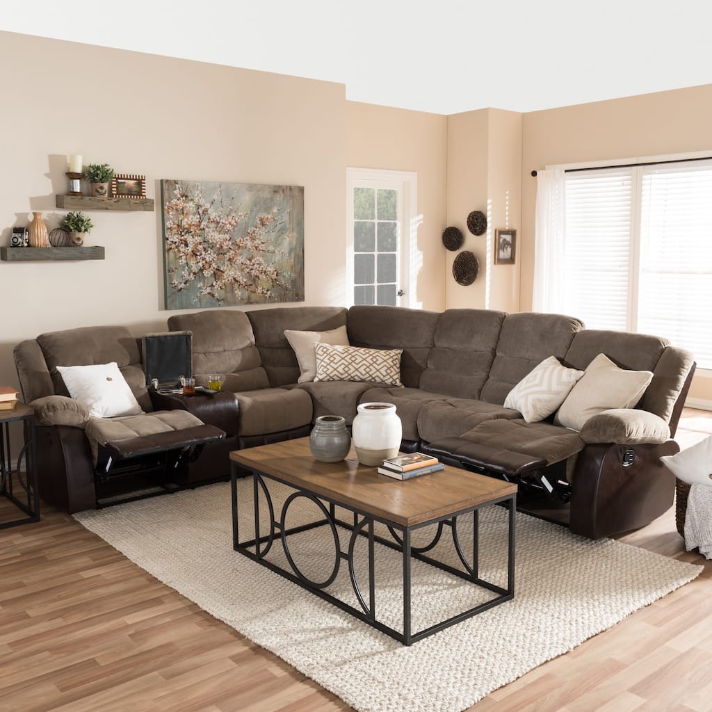 Baxton Studio Eudne Modern and Contemporary Taupe Fabric and Brown Faux Leather Two-Tone Sectional Sofa