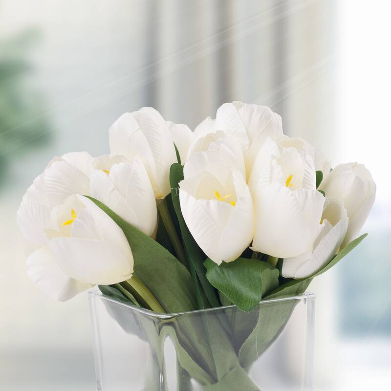 Pure Garden Tulip Floral Arrangement with Glass Vase - Cream