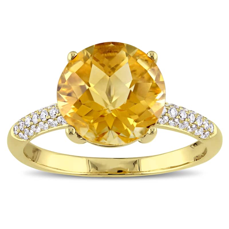 Round Checkered Citrine and 1/5ct TDW Diamond Engagement Ring in 14k Yellow Gold by The Miadora Sign - 9.5