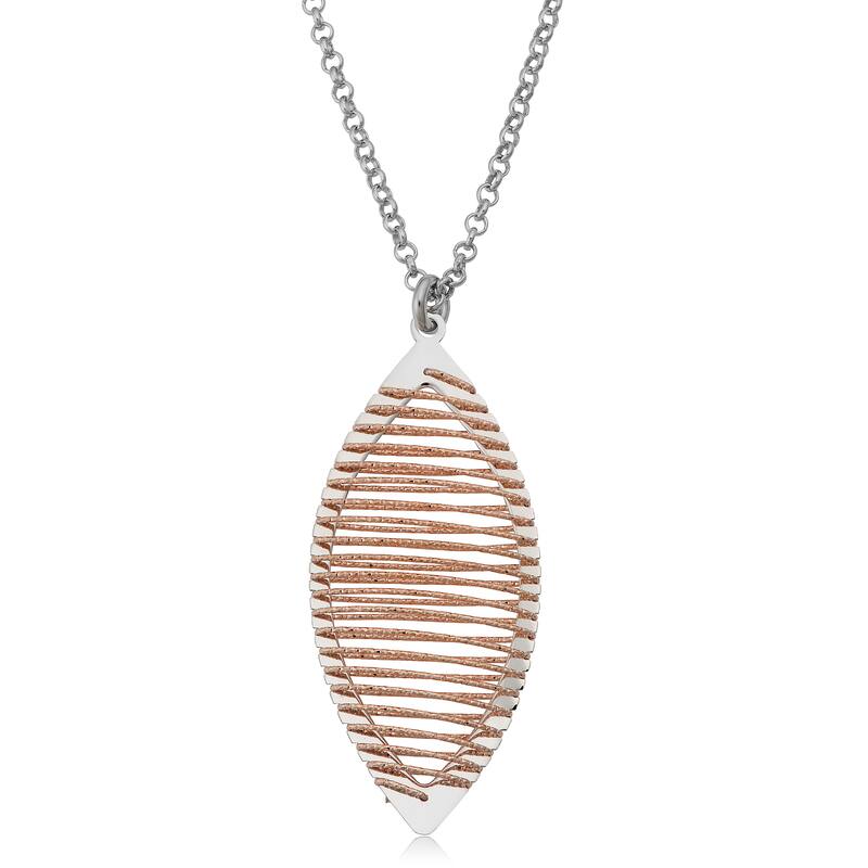 Argento Italia Rhodium and Rose Plated Sterling Silver Wire Wrapped Marquise Pendant Adjustable Length Necklace