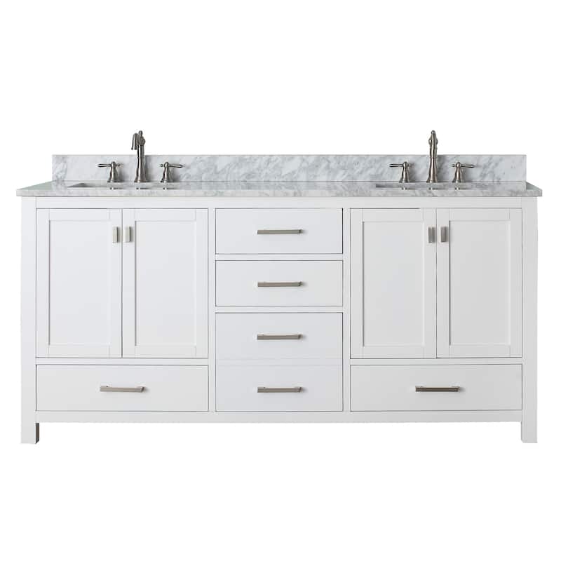 Avanity Modero 73-inch Double Vanity in White Finish with Dual Sinks and Top - Carrara White Marble Top