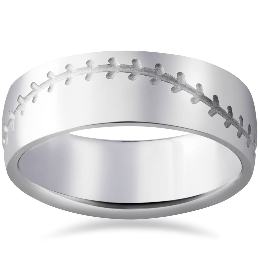 14K White Gold 8mm Mens Baseball Stich Comfort Fit Wedding Band