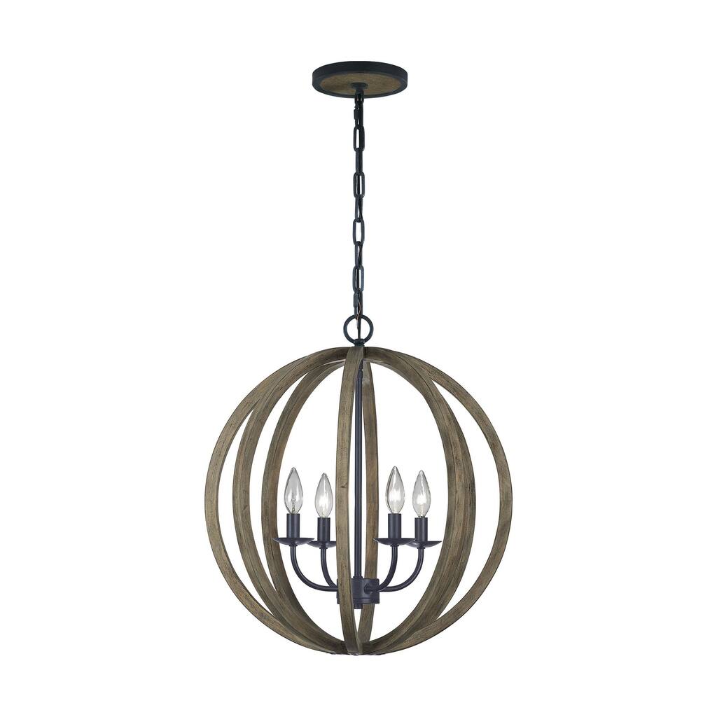 Feiss Allier 4 Light Weathered Oak Wood / Antique Forged Iron Pendant