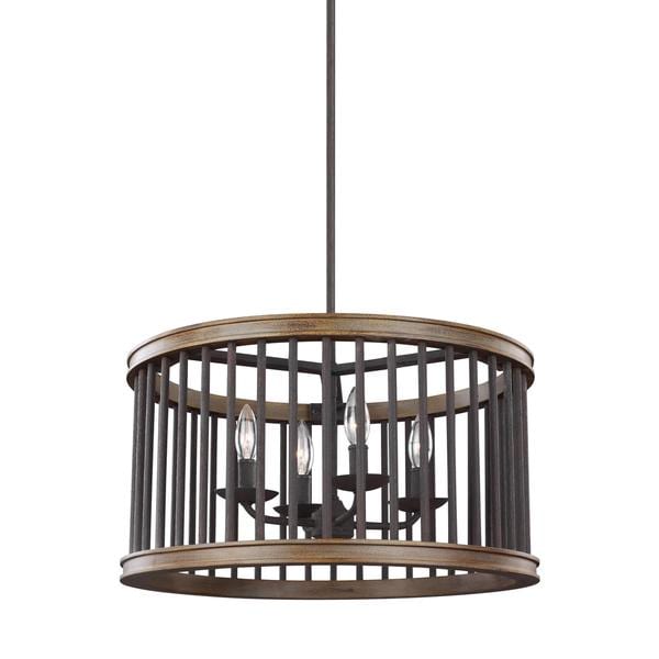 Feiss Locke 4 Light Weathered Rustic Iron / Textured Weathered Oak Pendant