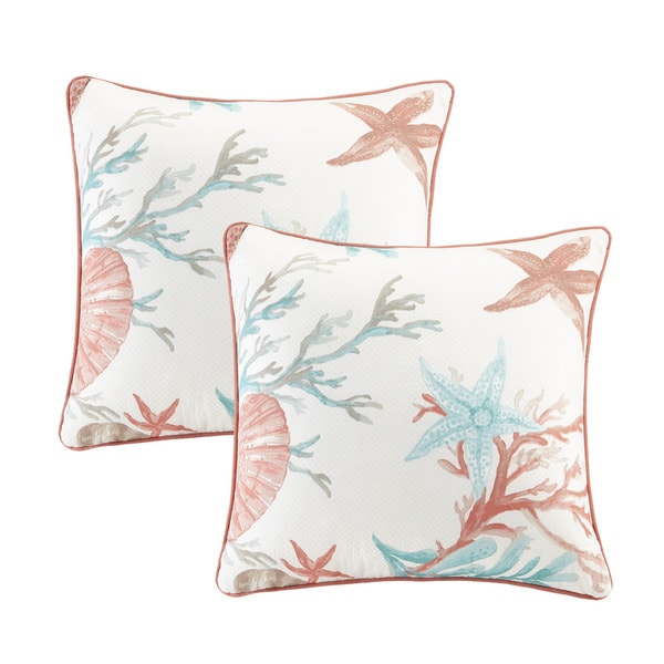 Madison Park Pacific Grove Coral Cotton Printed Square Throw Pillow Pair with Solid Reverse