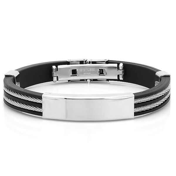 Stainless Steel Black Silicone Bracelet for Men for Boys Inlaid with Steel Cable