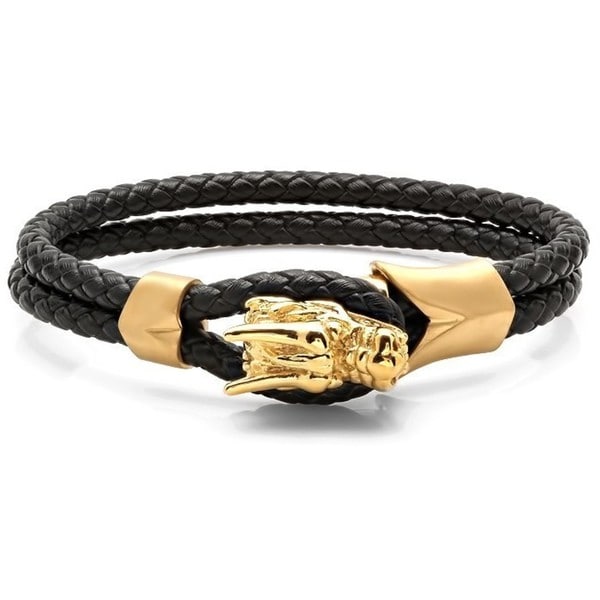 Men S Braided Black Leather Gold Tone Dragon Bracelet On Men X27 S Braided Black Leather Gold Tone Dragon Bracelet