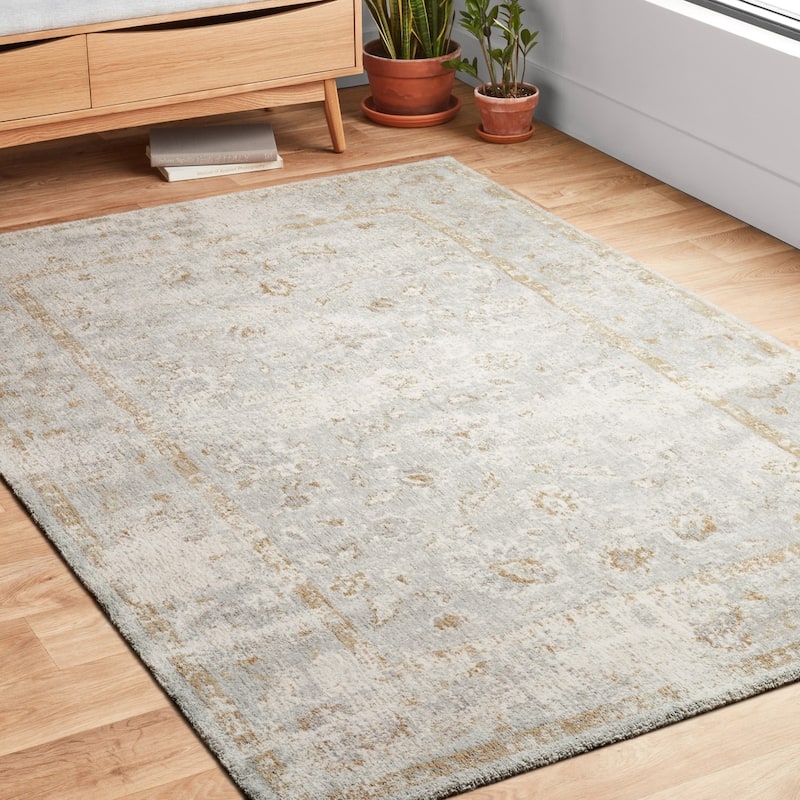 Alexander Home Verona Sea Floral Distressed Border Rug - 7'1 x 10'1 - Sea/Sea