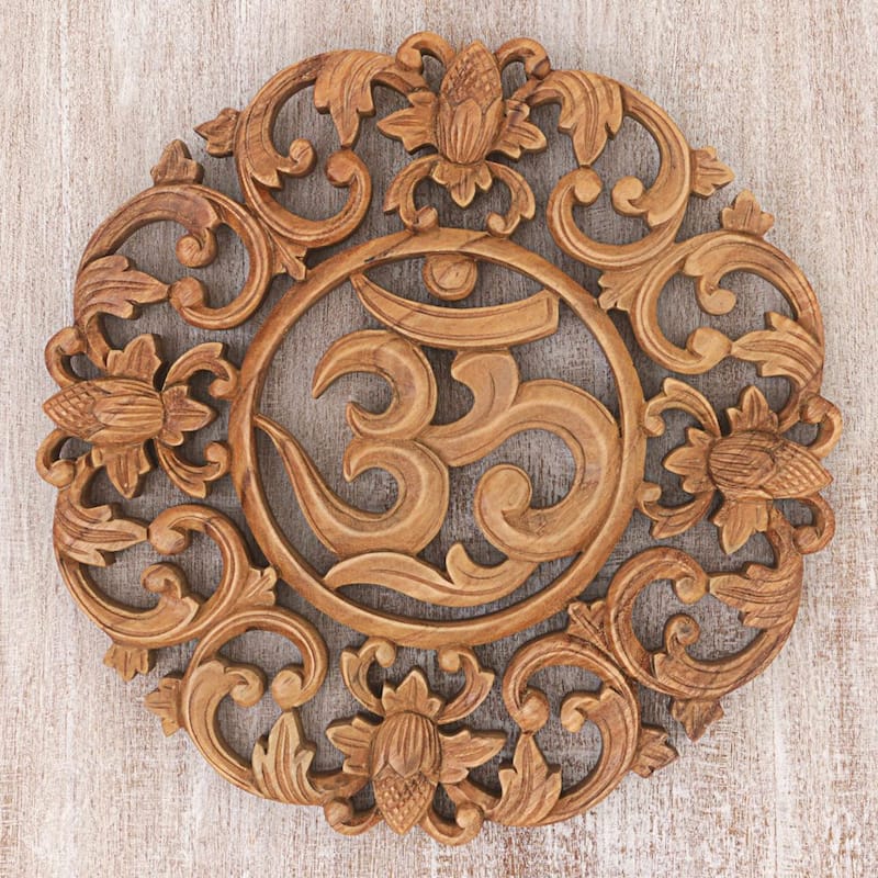 Handmade Flower Om Suar Wood Wall Relief (Indonesia)