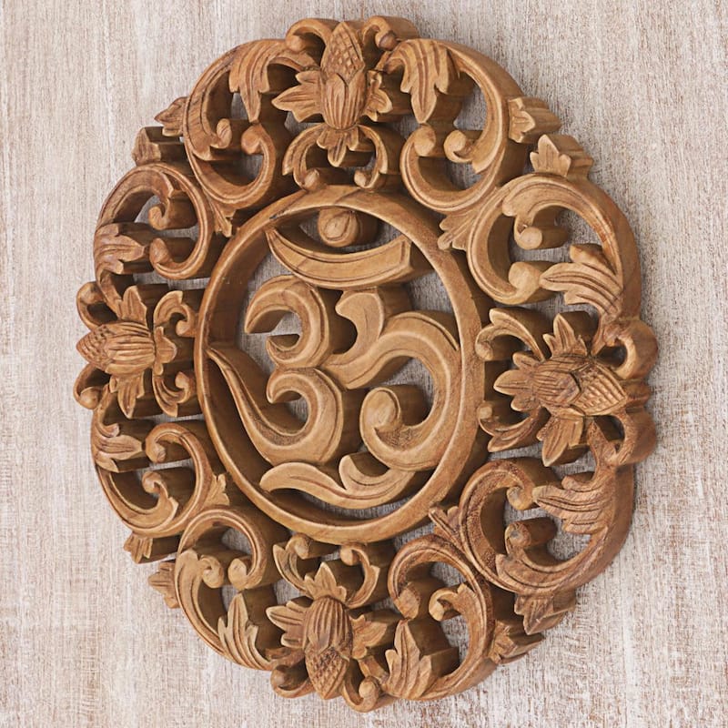 Handmade Flower Om Suar Wood Wall Relief (Indonesia)