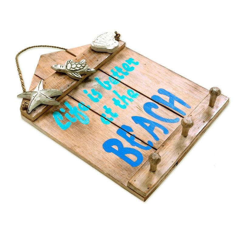 NOVICA Handmade Albesia Wood 'Life is Better at the Beach' Coat Rack (Indonesia)