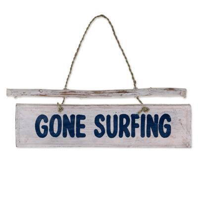 NOVICA Handmade Albesia Wood 'Gone Surfing' Wall Sign (Indonesia) - 7.75" H x 12.25" W x 0.8" D