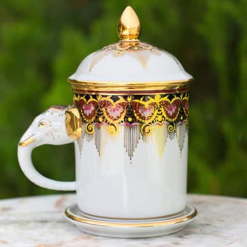 NOVICA Handmade Benjarong Porcelain 'Thai Iyara' Mug and Saucer (Thailand)