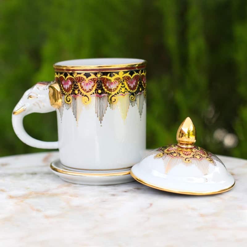 NOVICA Handmade Benjarong Porcelain 'Thai Iyara' Mug and Saucer (Thailand)