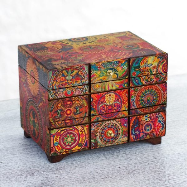 Ceramic Handle Rangoli Design Ethno Jewelry Box Home decor Extraordinary gift Keepsake Box India Boho Cube Wooden Jewelry Box