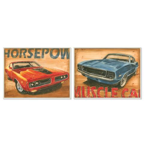 Red and Blue Vintage Muscle Cars 2-piece Wall Plaque Art Set - 10 x 15