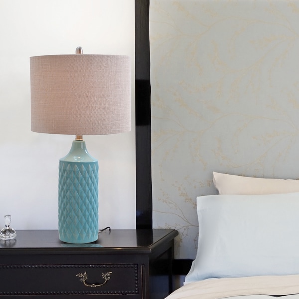 Havenside Home Kihei Quilted Ceramic LED Table Lamp with Natural Linen Drum Shade
