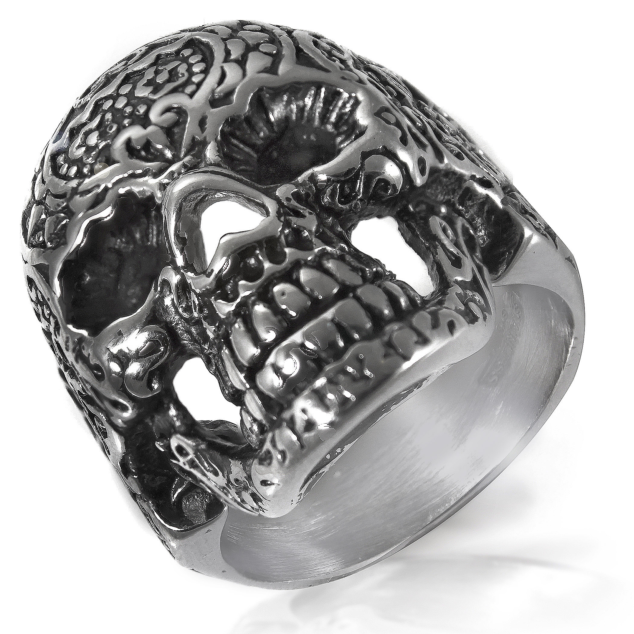 Stainless Steel Skull With Flowers Ring