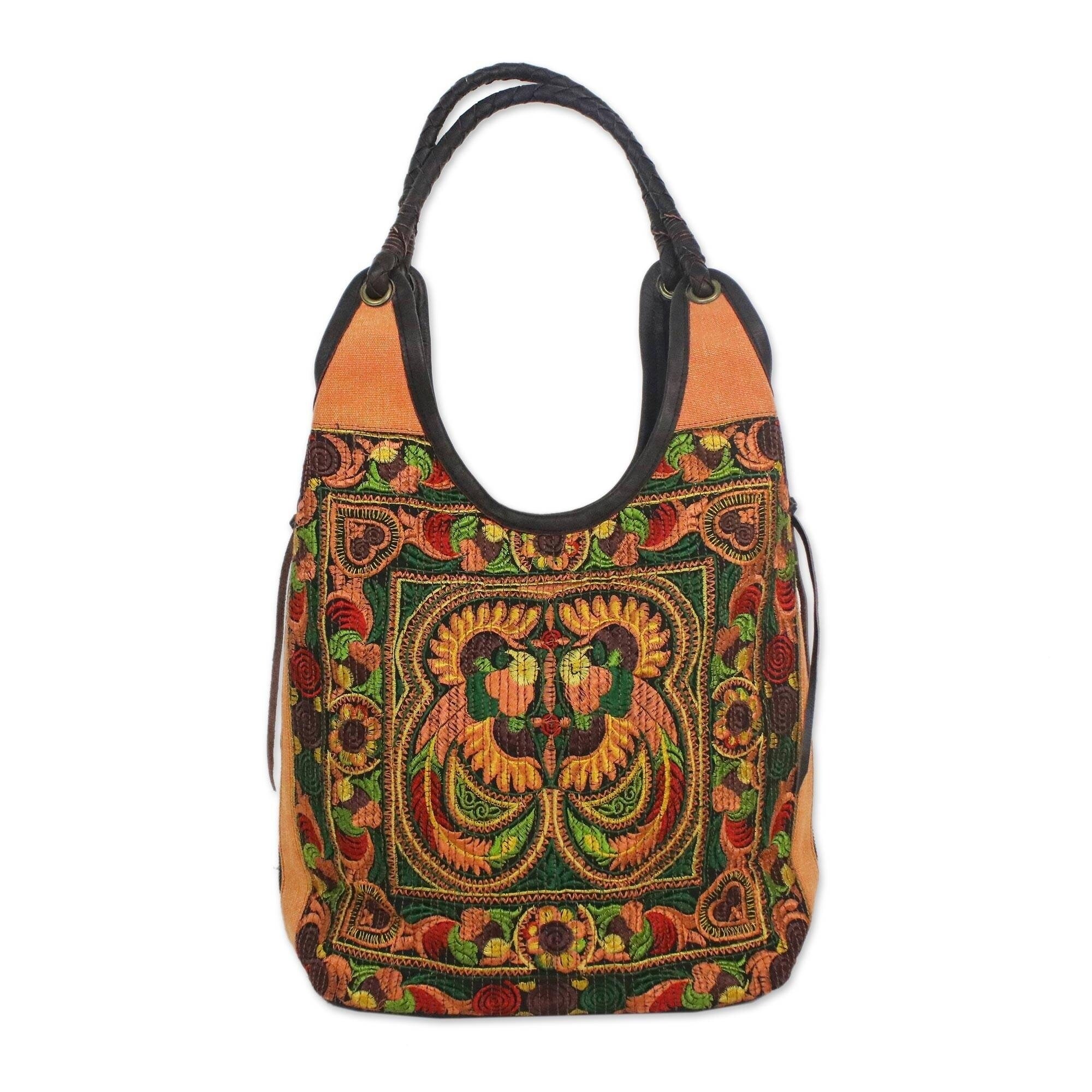Handmade Leather Accent Polyester Sunny Pheasants Embroidered Shoulder Bag Thailand
