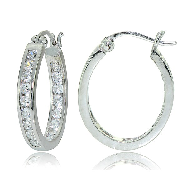 Icz Stonez Sterling Silver Cubic Zirconia Channel-set Oval Hoop Earrings