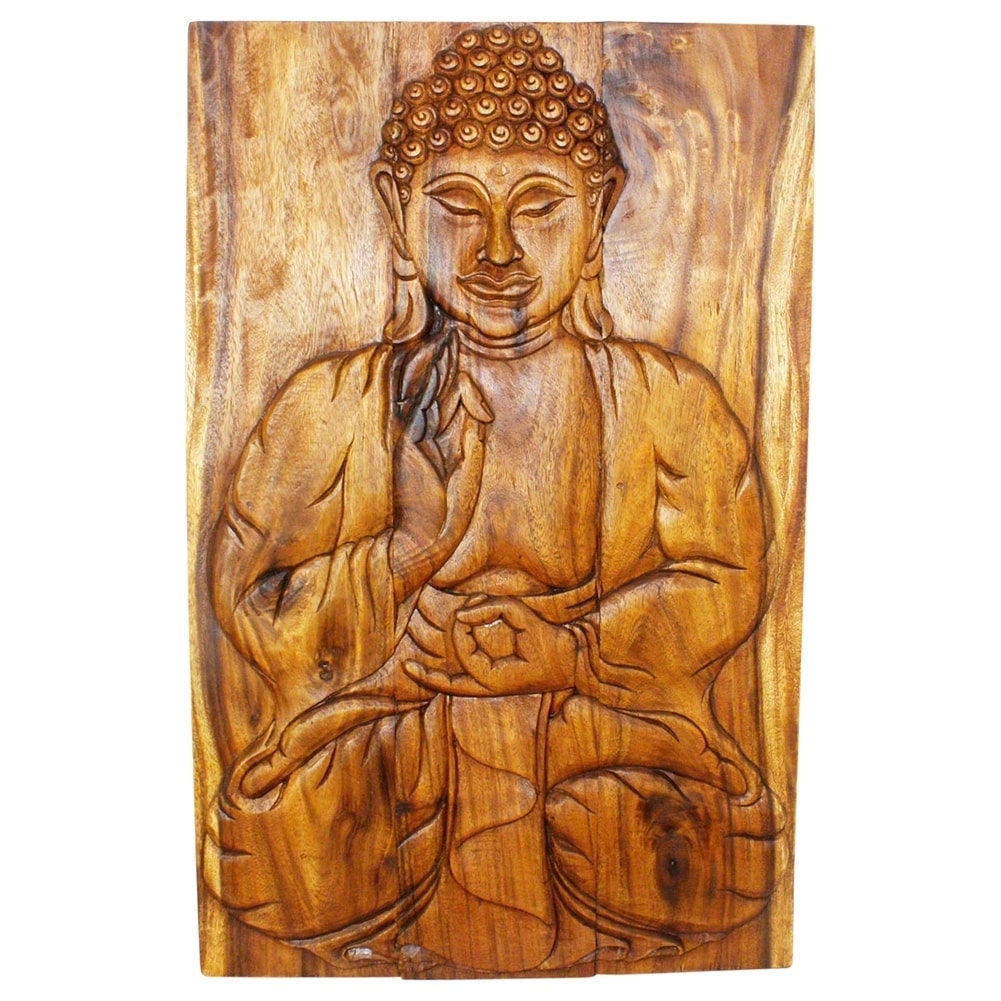 Haussmann Handmade Wood Buddha Wall Panel Sakyamuni Seated 20 in x 30 H Walnut Oil - 20 x 30 x 3