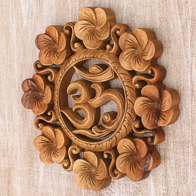 Handmade Blooming Om Suar Wood Wall Relief - 1" H x 11.5" D