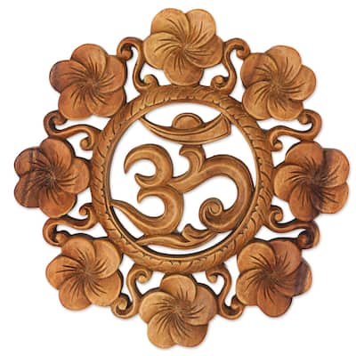 Handmade Blooming Om Suar Wood Wall Relief - 1" H x 11.5" D