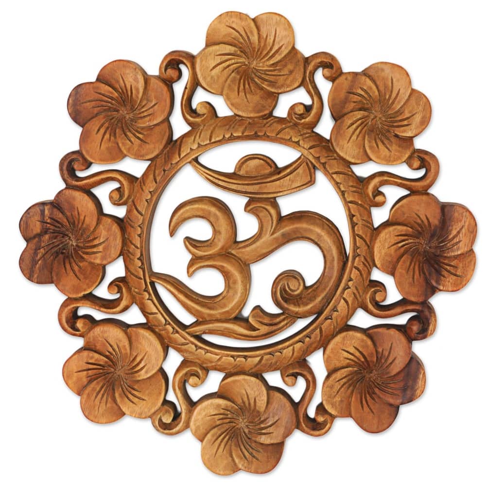Handmade Blooming Om Suar Wood Wall Relief - 1" H x 11.5" D