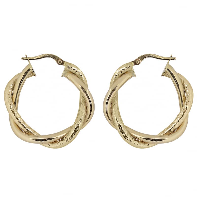 Fremada Italian 14k Yellow Gold Interwined High Polish and Diamond-cut Round Hoop Earrings