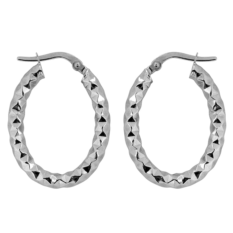 Fremada Italian 14k White Gold 3-mm Diamond-cut Oval Hoop Earrings